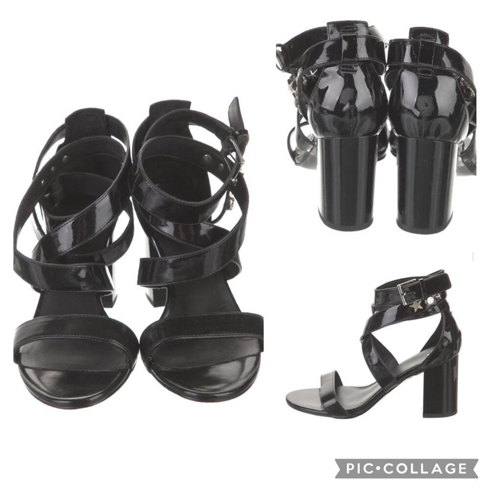 Versace Glossy Patent Leather Black Heeled Strappy Sandals Size EU 37 US 7